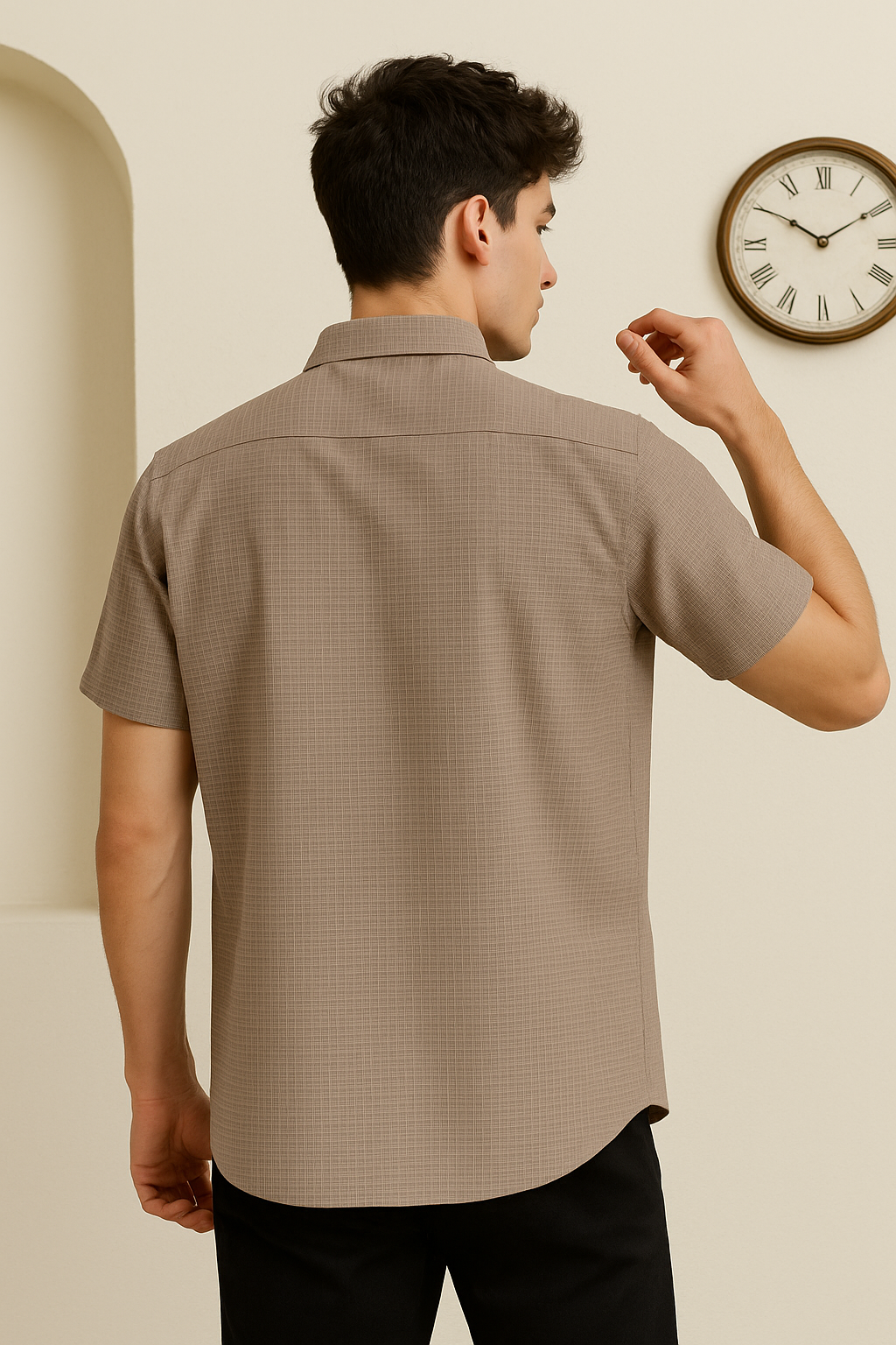 Beige Textured Short Sleeve Utility Shirt