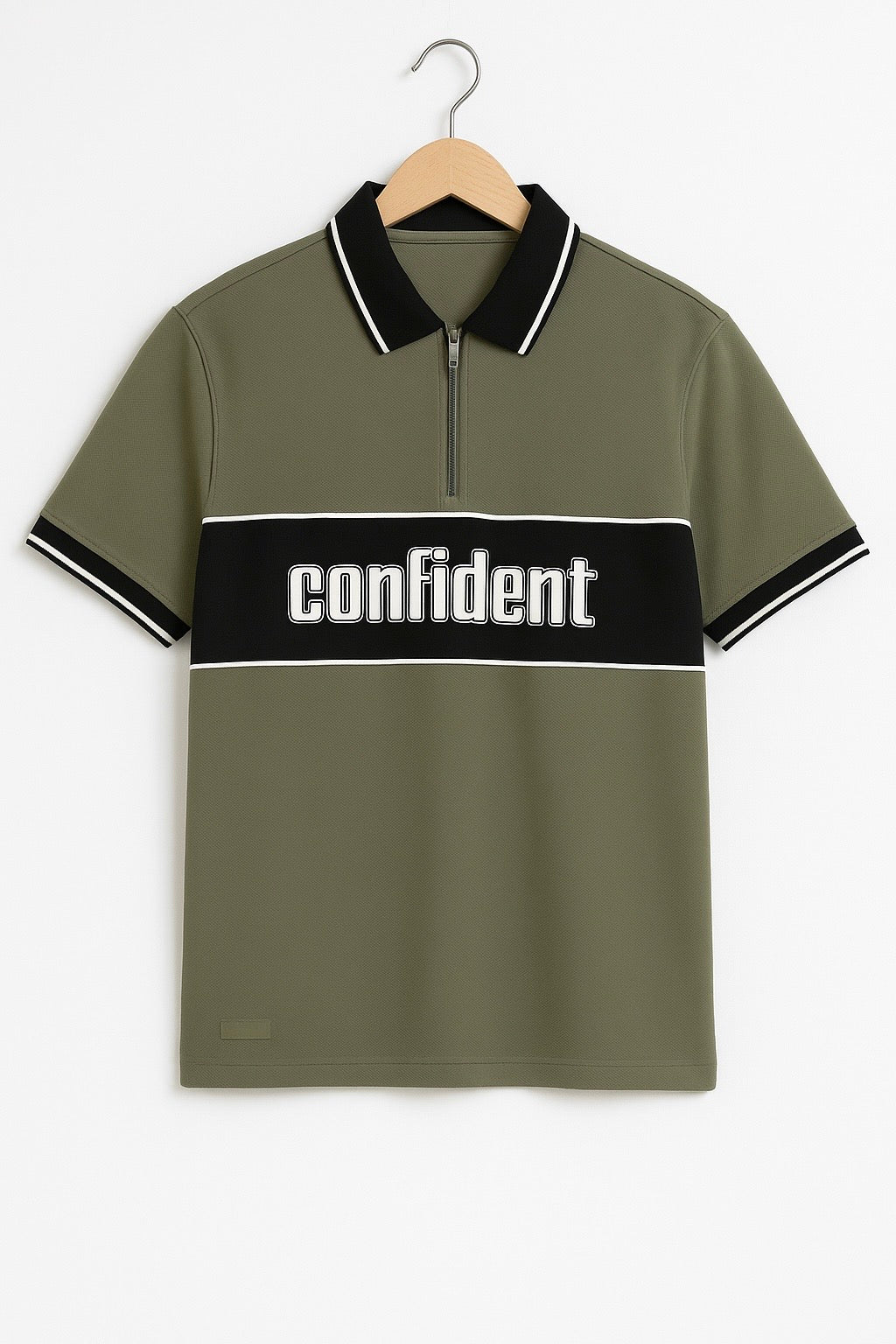 Men’s Olive Green Polo T-Shirt with Zip Collar & “Confident” Chest Print