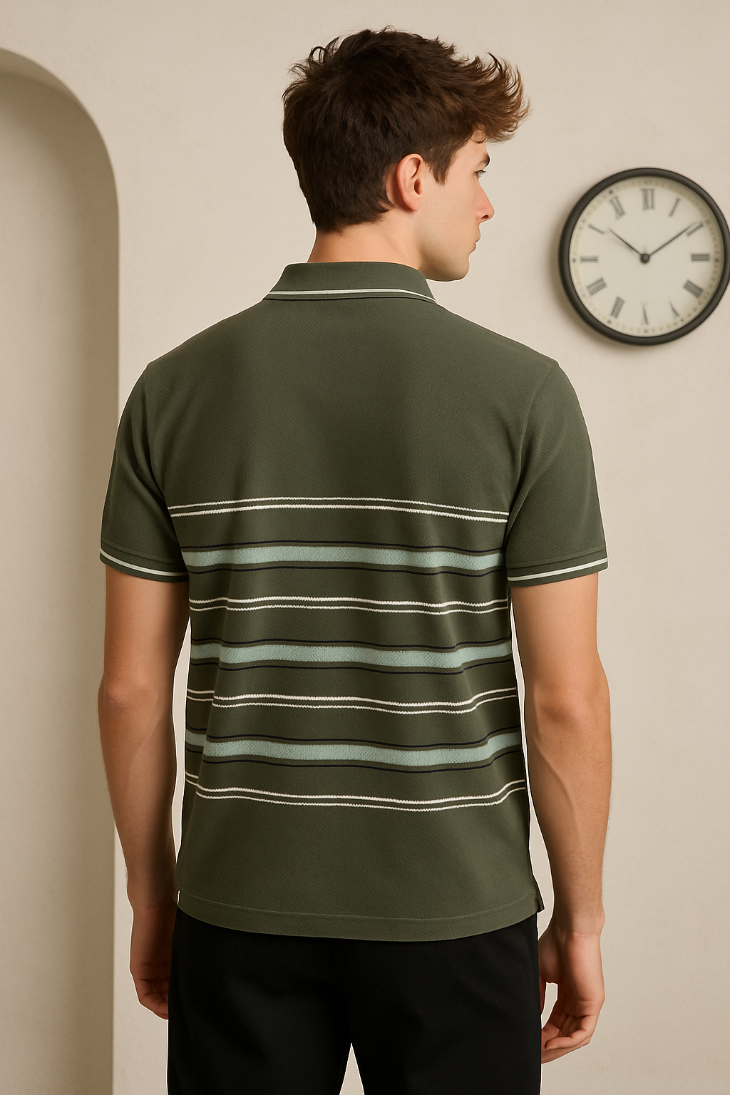 Olive Green Collar T-Shirt with Striped Detailing