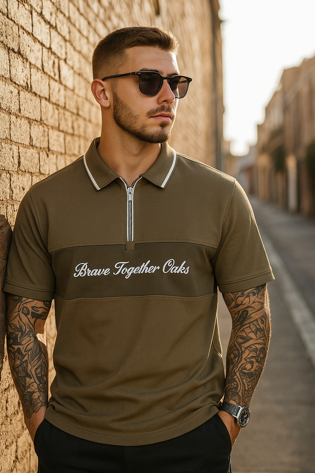 Men’s Half-Zip Polo T-Shirt with Contrast Collar