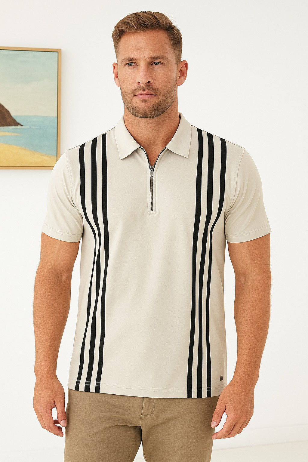 Men’s Olive Green Polo T-Shirt with White Vertical Stripes & Zip Neck