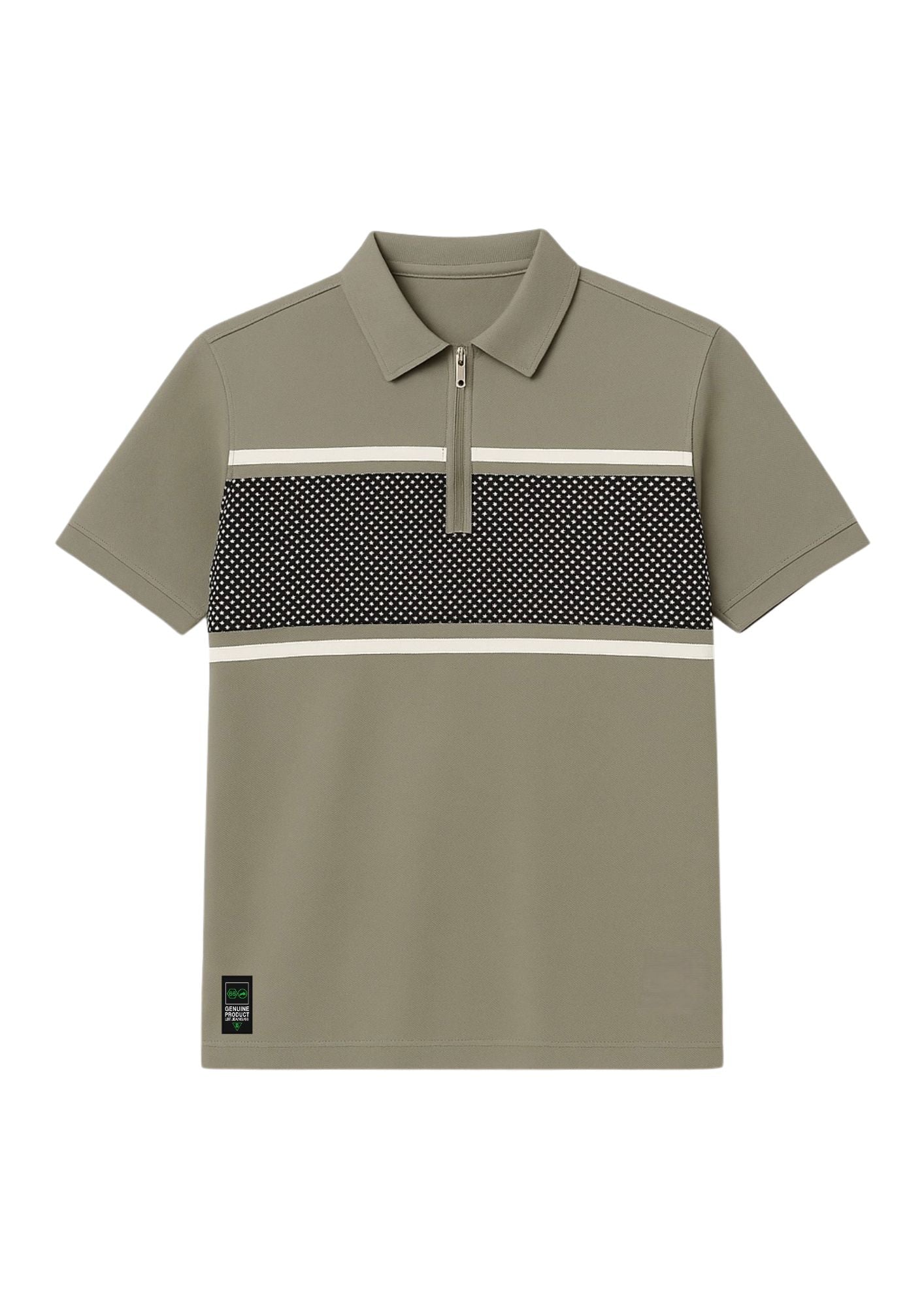 Monochrome Zip Polo with Geometric Chest Panel