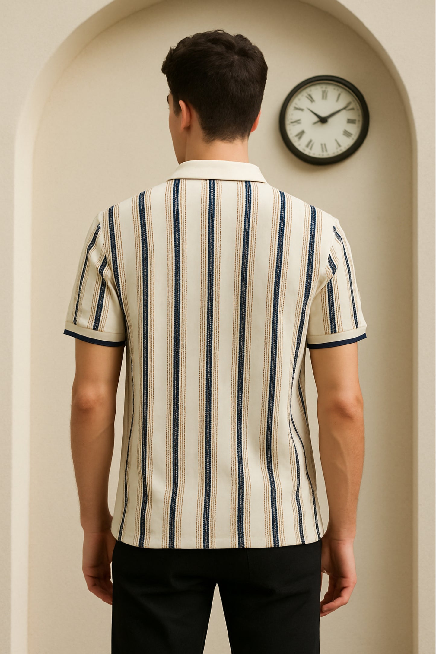 Navy Vertical Striped Collar T-Shirt