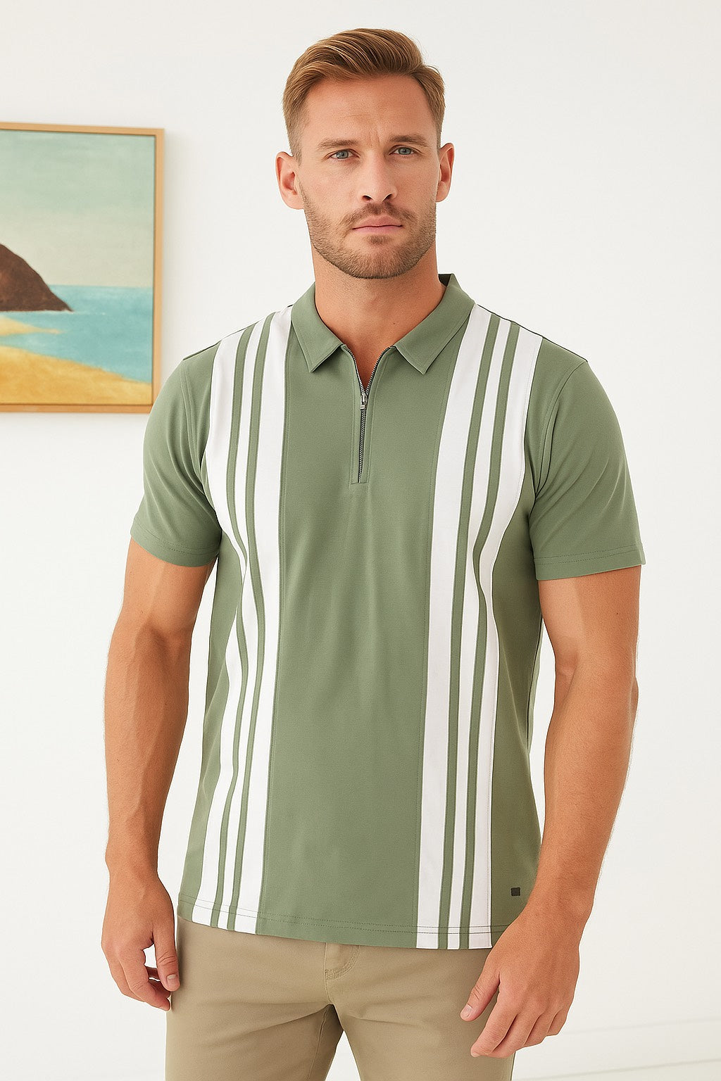 Men’s Olive Green Polo T-Shirt with White Vertical Stripes & Zip Neck