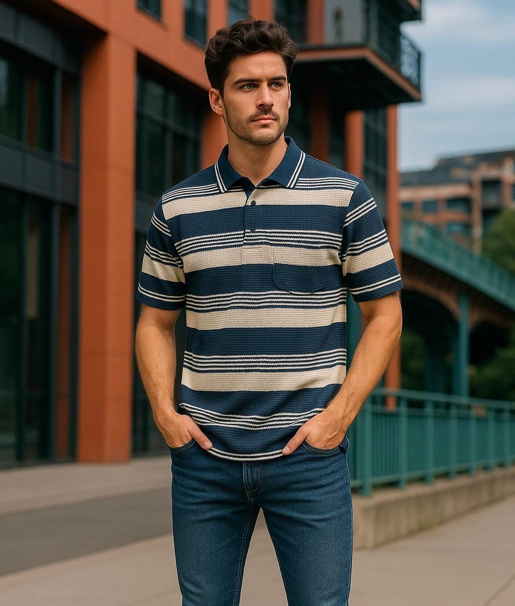 Men’s Navy & Beige Horizontal Stripe Polo T-Shirt