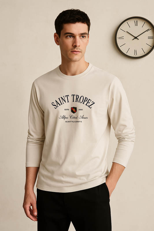 Saint Tropez Printed Beige Full-Sleeve T-Shirt