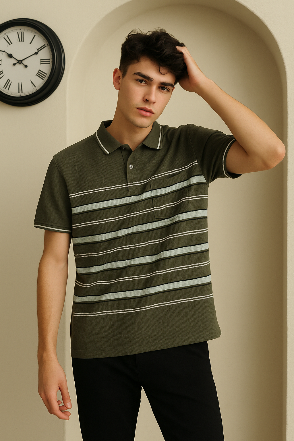 Olive Green Collar T-Shirt with Striped Detailing