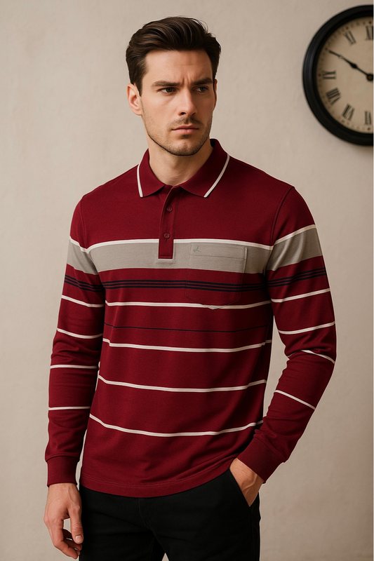 Maroon & Grey Striped Full-Sleeve Polo T-Shirt