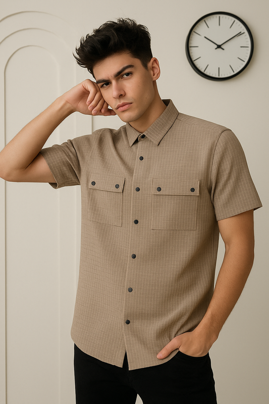 Beige Textured Short Sleeve Utility Shirt