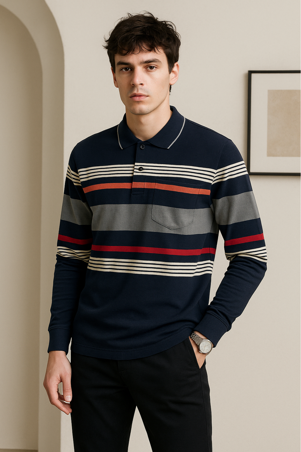 Navy Blue Multi-Stripe Full-Sleeve Polo T-Shirt