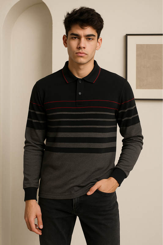 Black & Charcoal Grey Striped Full-Sleeve Polo T-Shirt
