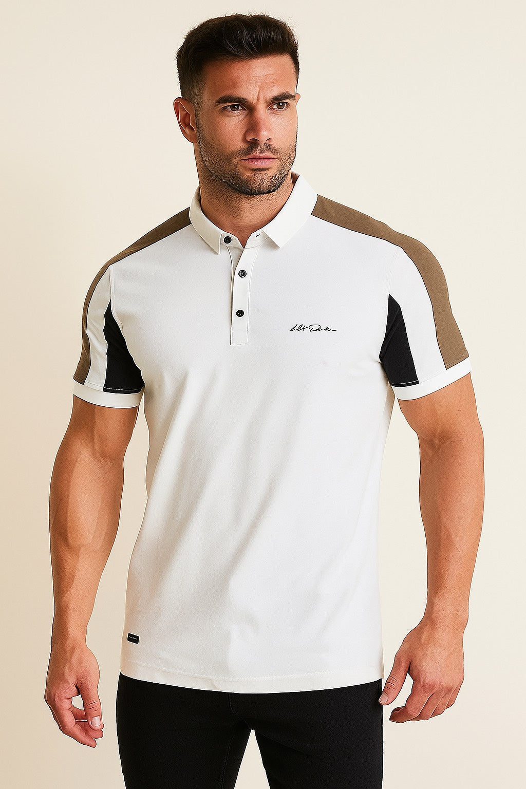 Men’s White Polo T-Shirt with Contrast Shoulder & Sleeve Panels