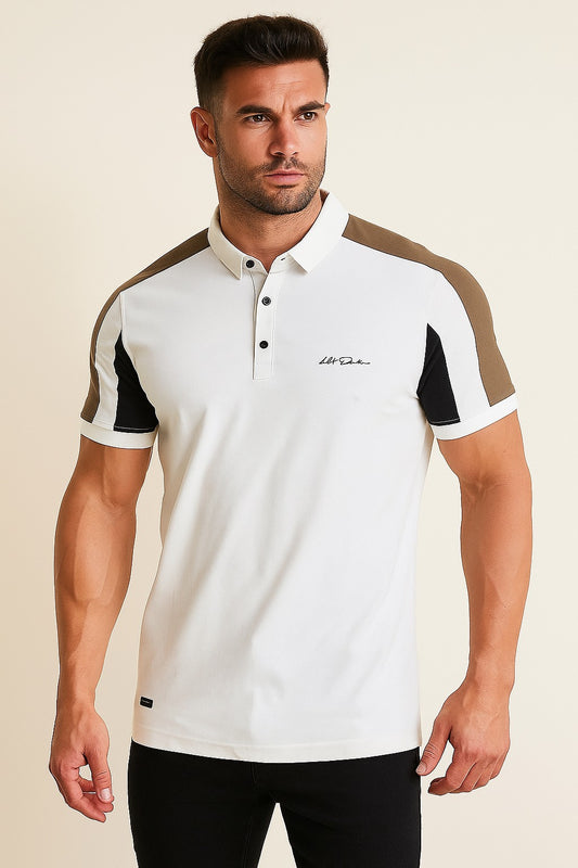 Men’s White Polo T-Shirt with Contrast Shoulder & Sleeve Panels