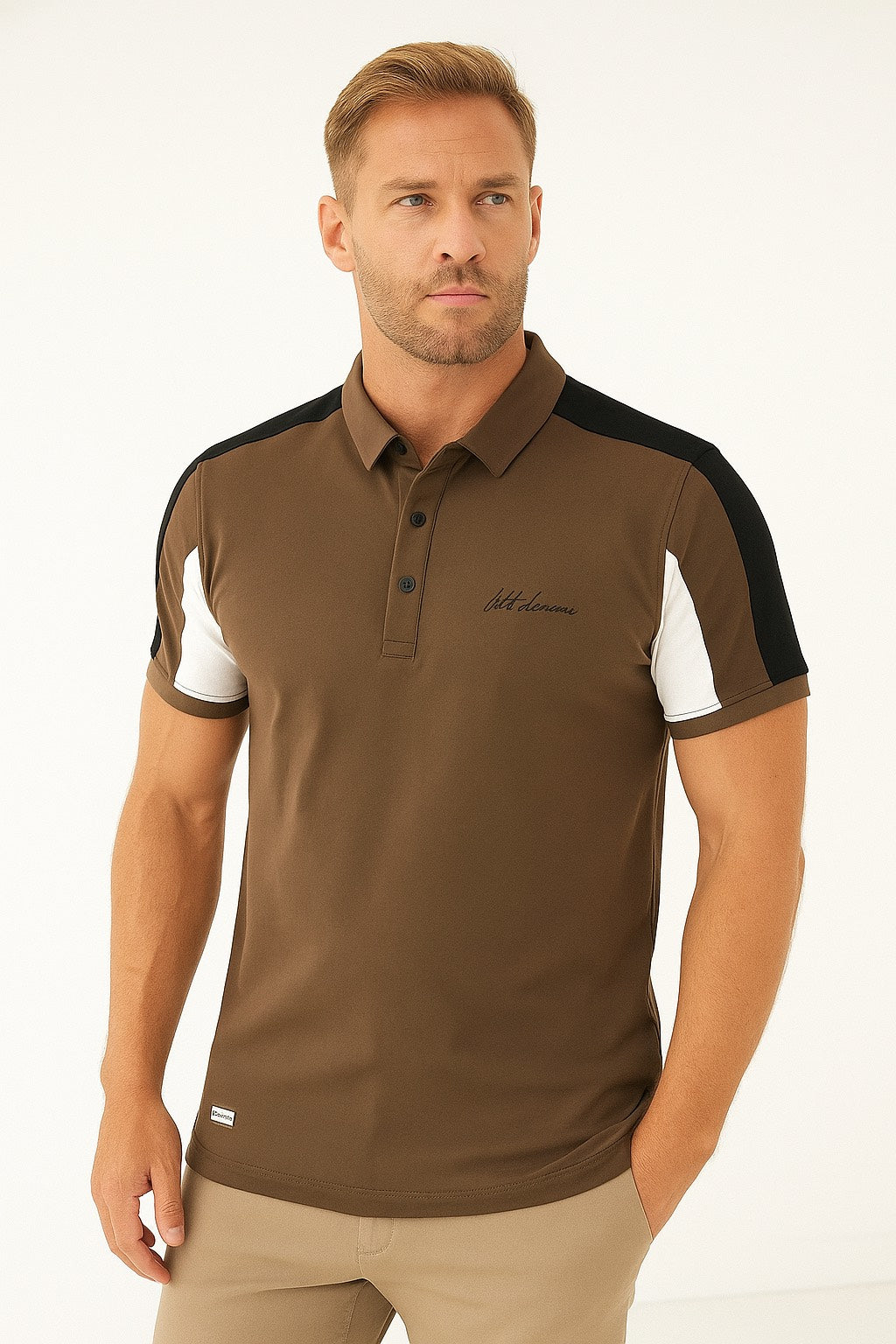 Men’s White Polo T-Shirt with Contrast Shoulder & Sleeve Panels