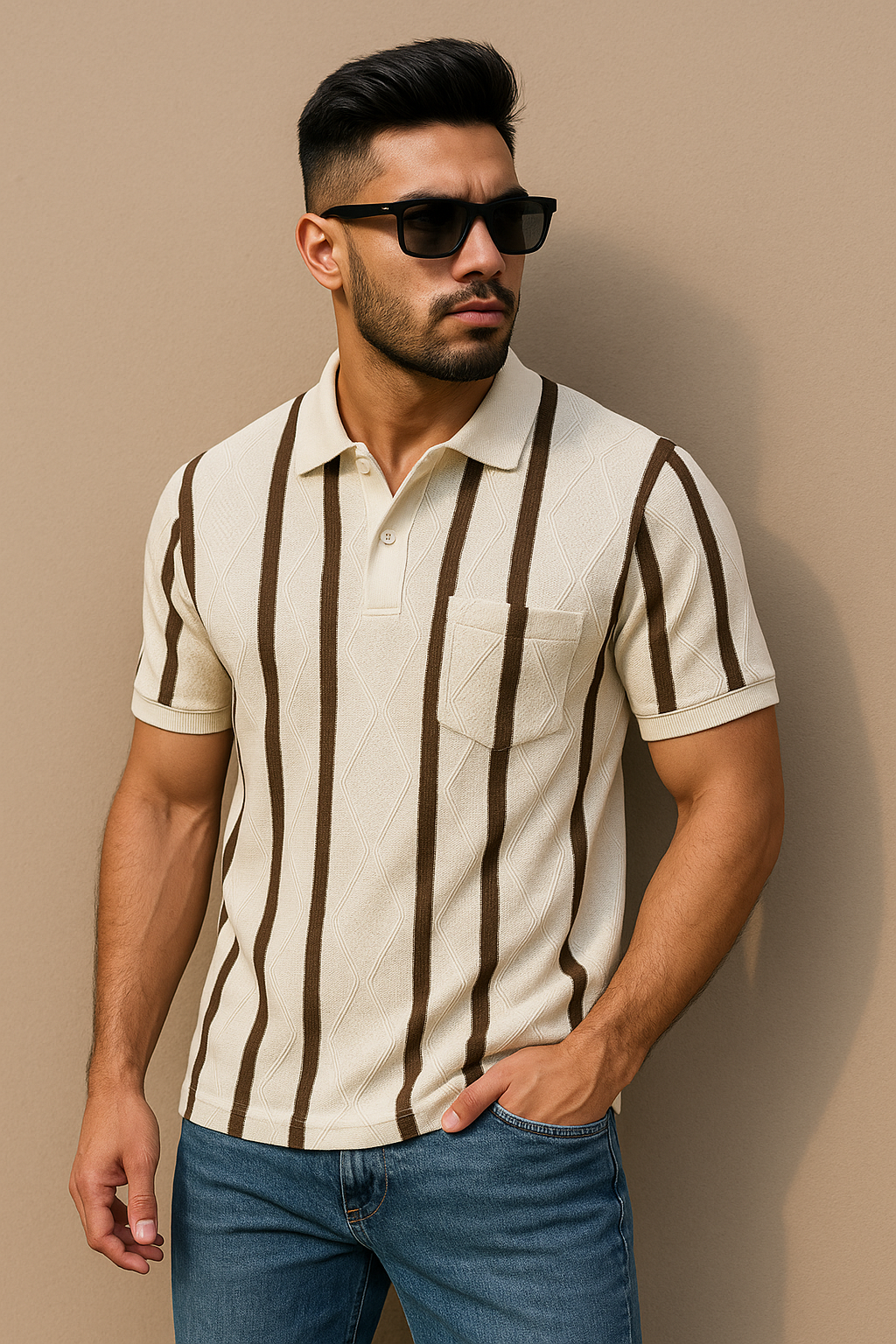 Men’s Striped Textured Polo T-Shirt with Pocket