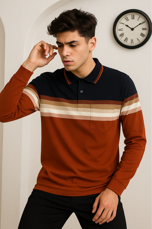 Rust & Navy Multi-Stripe Full-Sleeve Polo T-Shirt