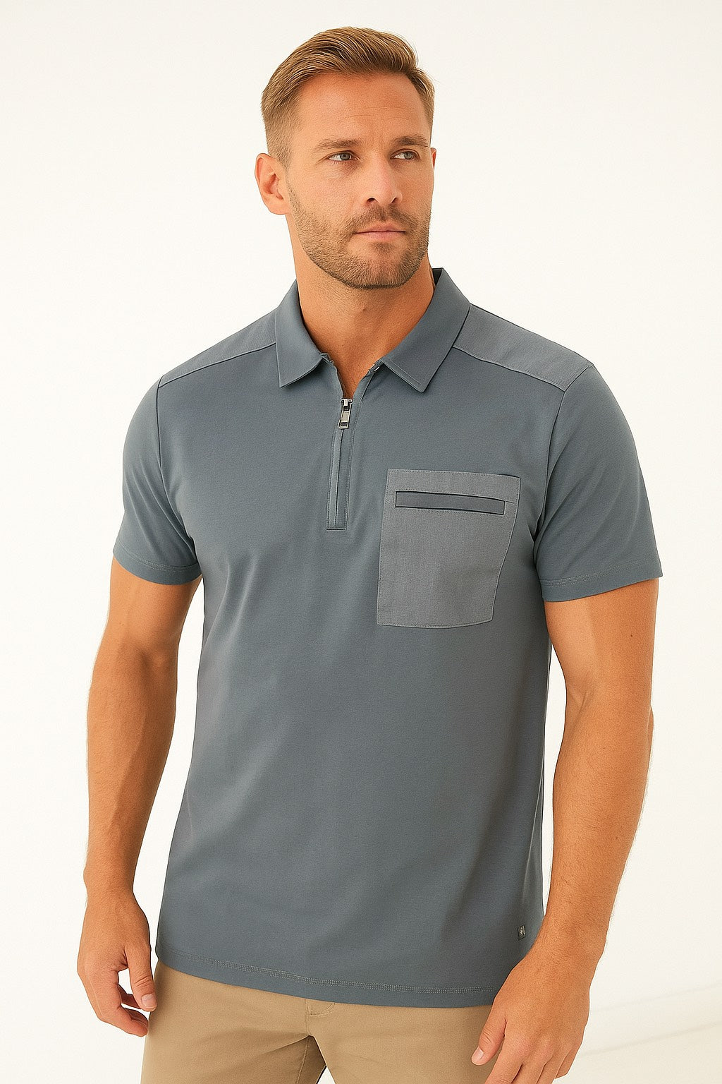 Men’s Khaki Polo T-Shirt with Zip Neck & Flap Pocket
