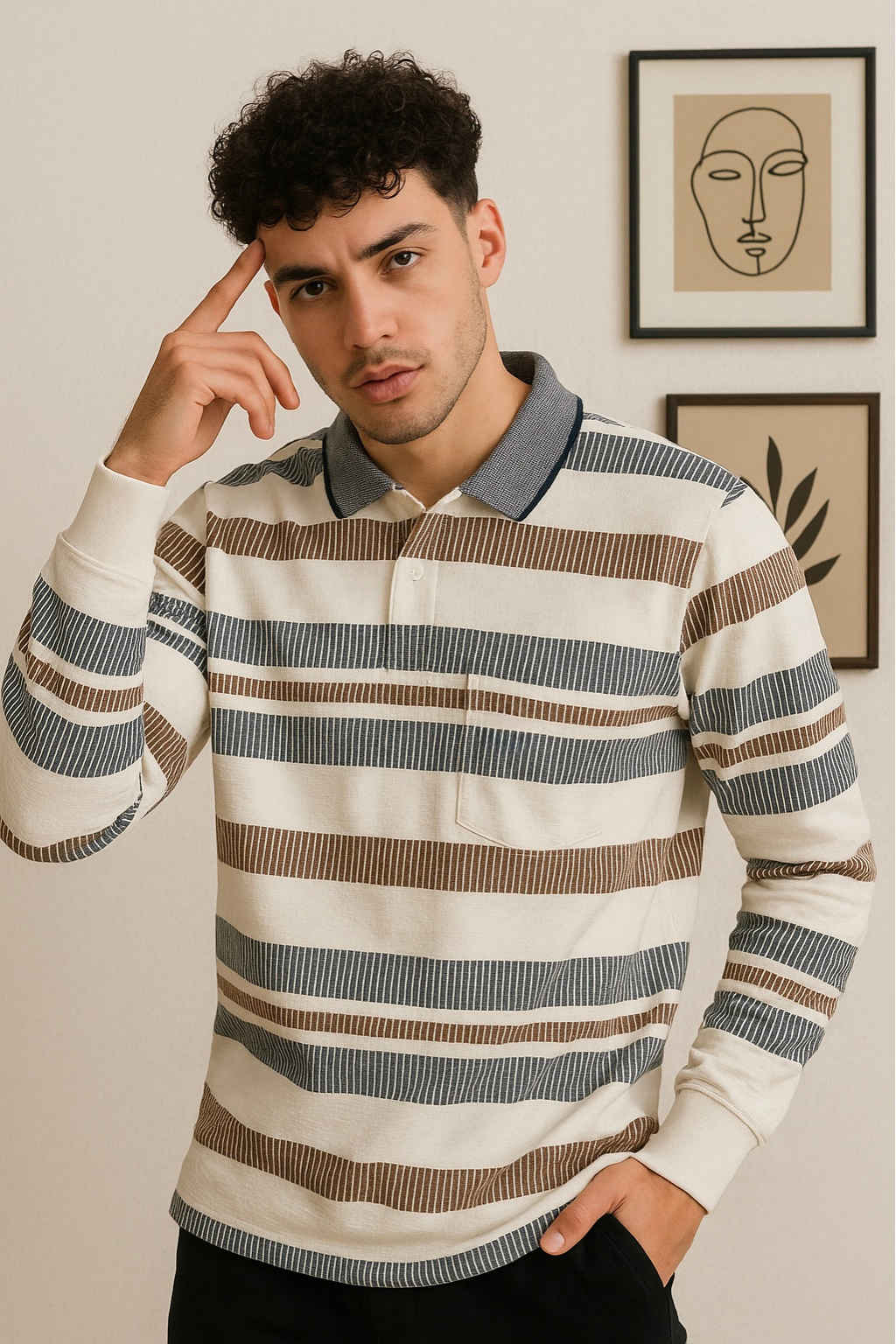 Beige & Brown Textured Stripe Full-Sleeve Polo T-Shirt