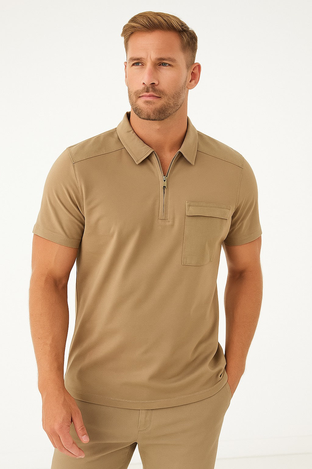 Men’s Khaki Polo T-Shirt with Zip Neck & Flap Pocket