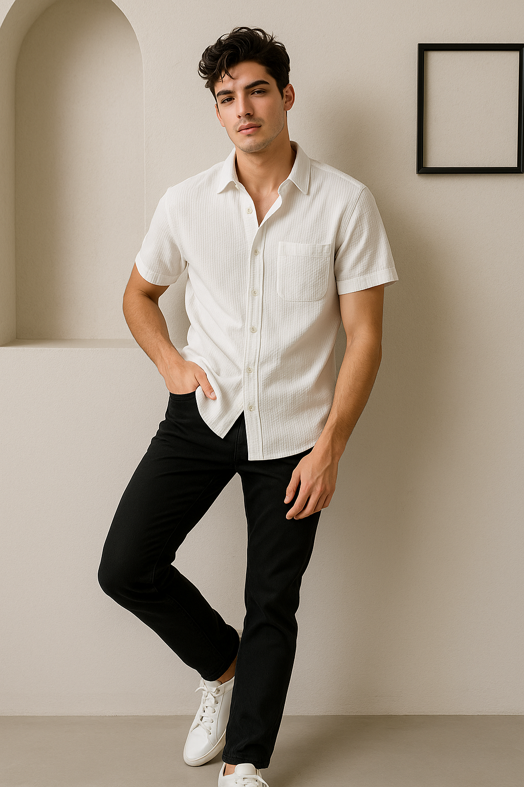 Men’s White Textured Short Sleeve Shirt