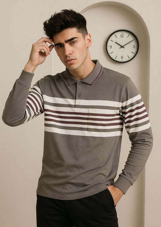 Ash Grey & Maroon Striped Full-Sleeve Polo T-Shirt
