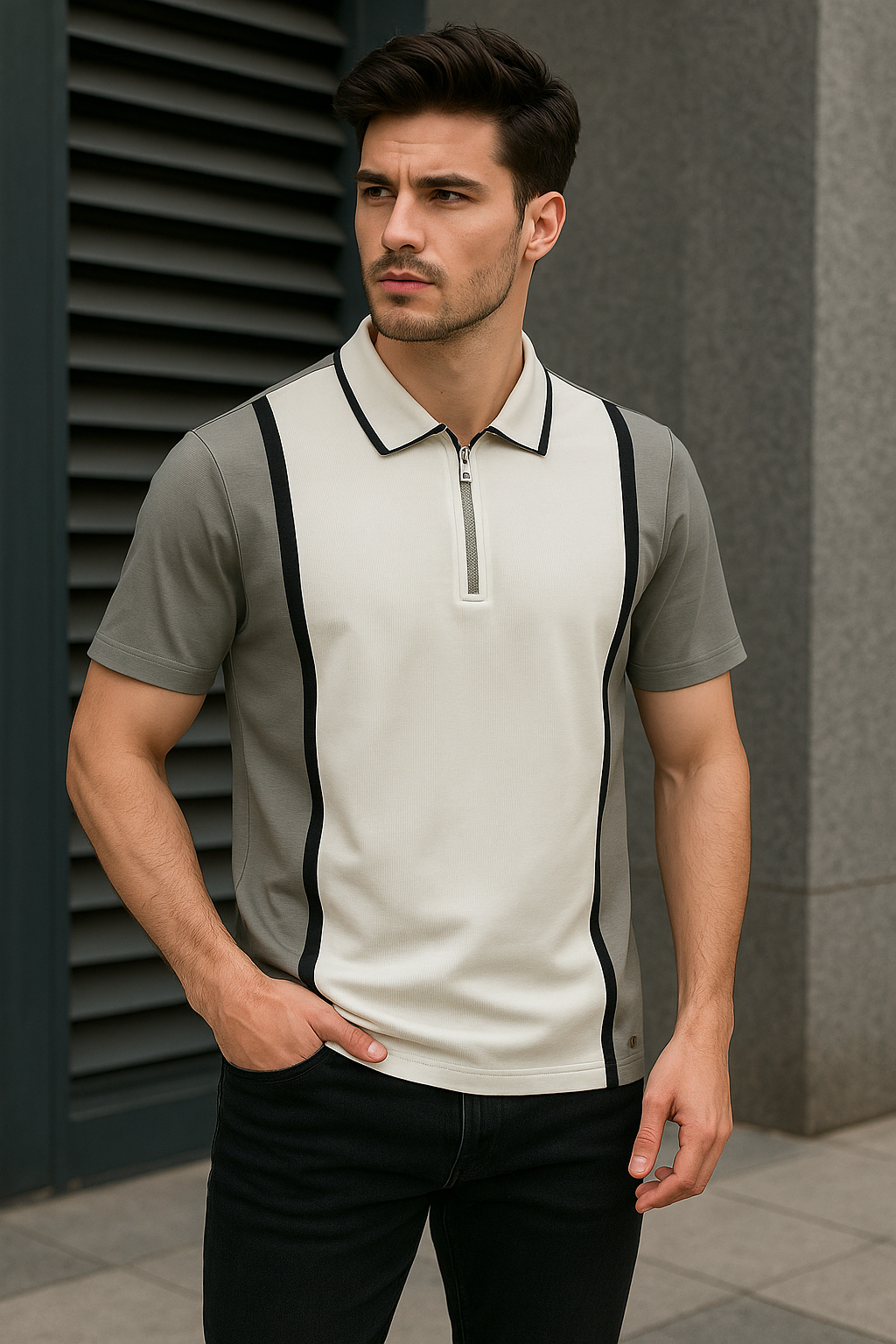 Zip Style Dual-Tone Polo Tee