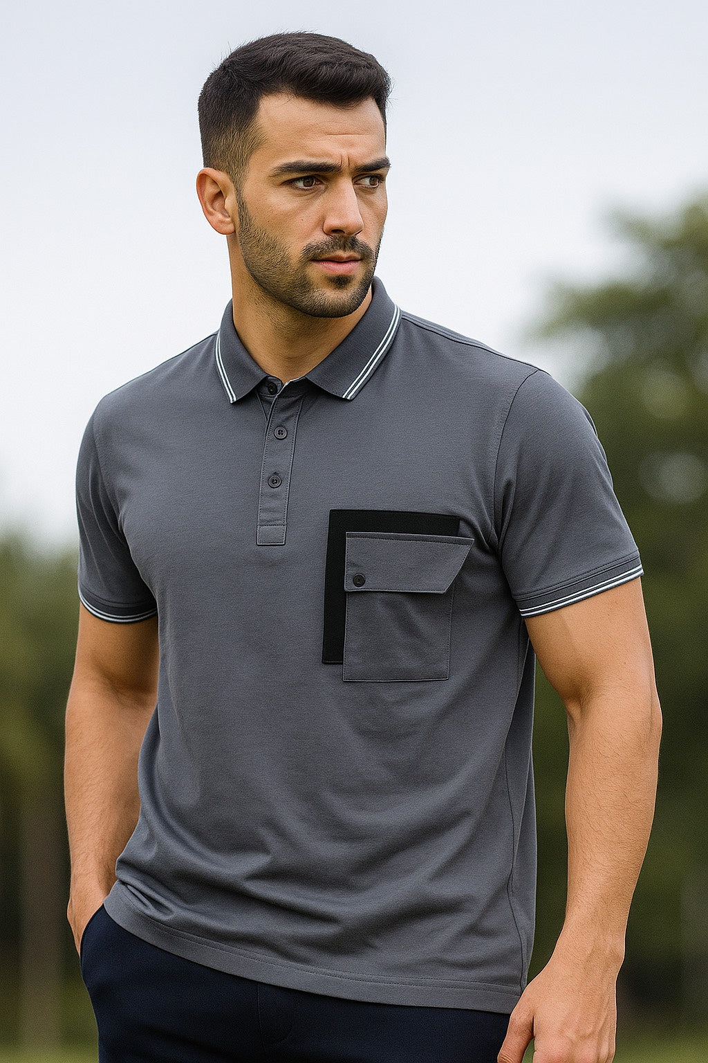 Men’s Grey Polo T-Shirt with Contrast Pocket Detail