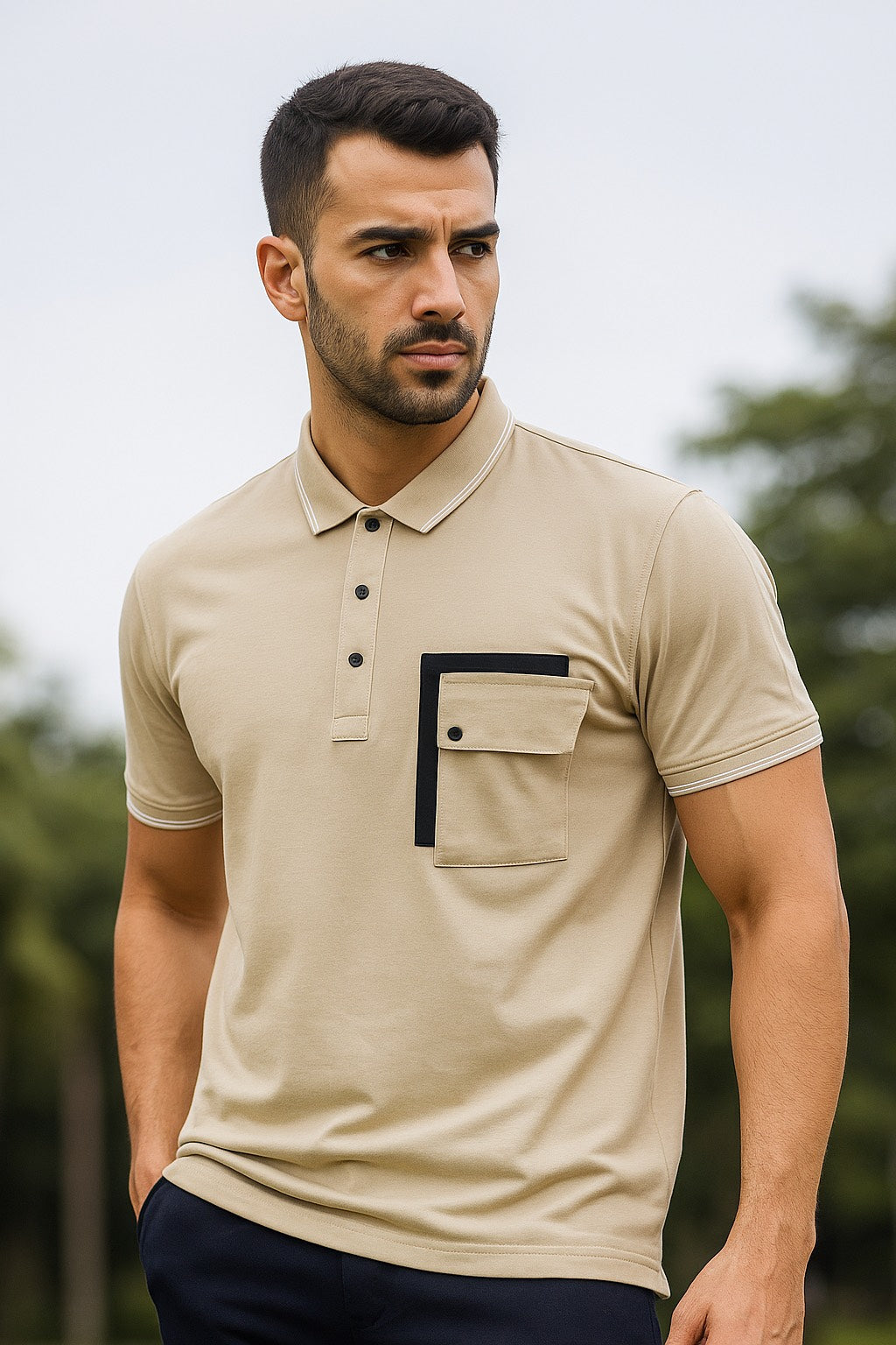 Men’s Grey Polo T-Shirt with Contrast Pocket Detail