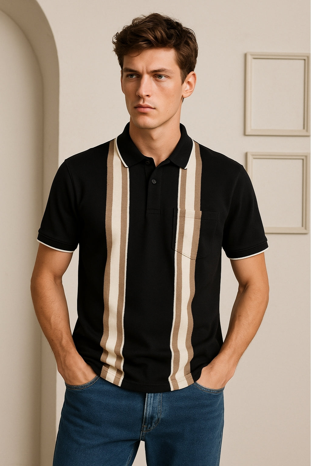 Polo Shirt with Beige Vertical Stripes