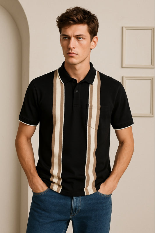 Polo Shirt with Beige Vertical Stripes