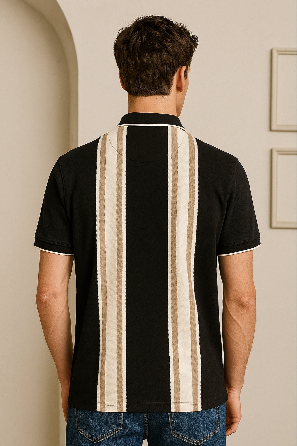 Polo Shirt with Beige Vertical Stripes