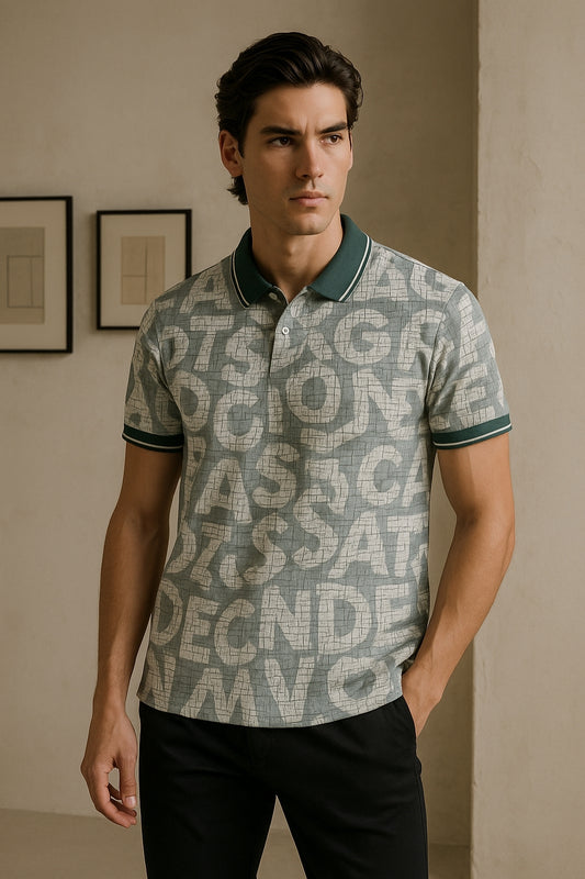 Graphic Print Polo Shirt with Contrast Collar