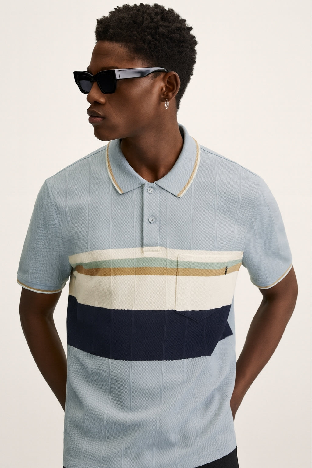 Colorblock Polo Shirt with Multi-Stripe Detail