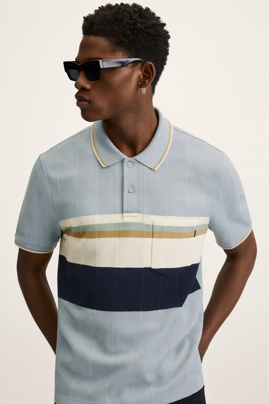 Colorblock Polo Shirt with Multi-Stripe Detail