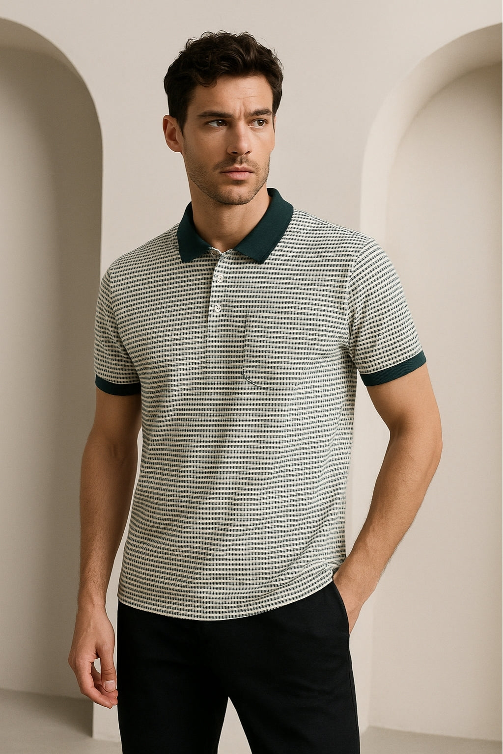 Micro-Striped Polo  with Contrast Collar