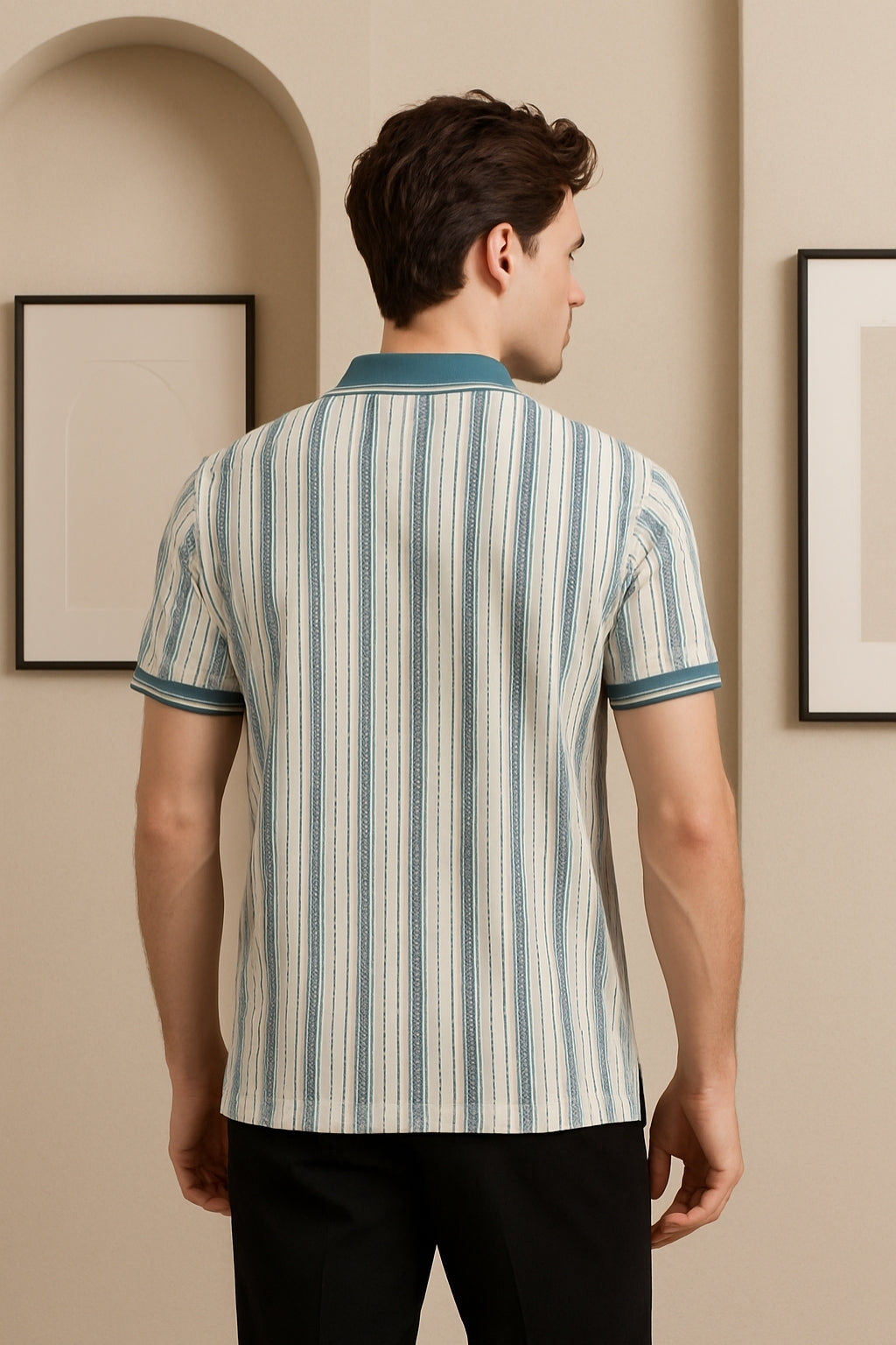 Striped Polo Shirt with Contrast Collar & Pocket