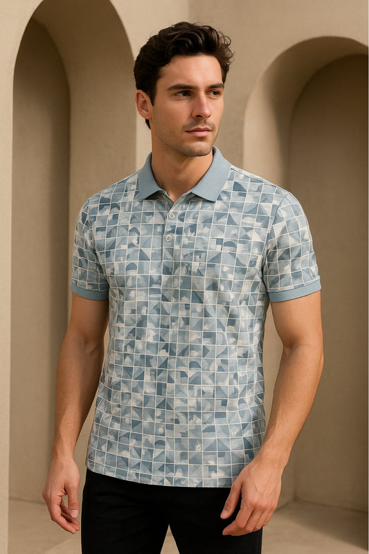 Blue Geometric Print Polo Shirt