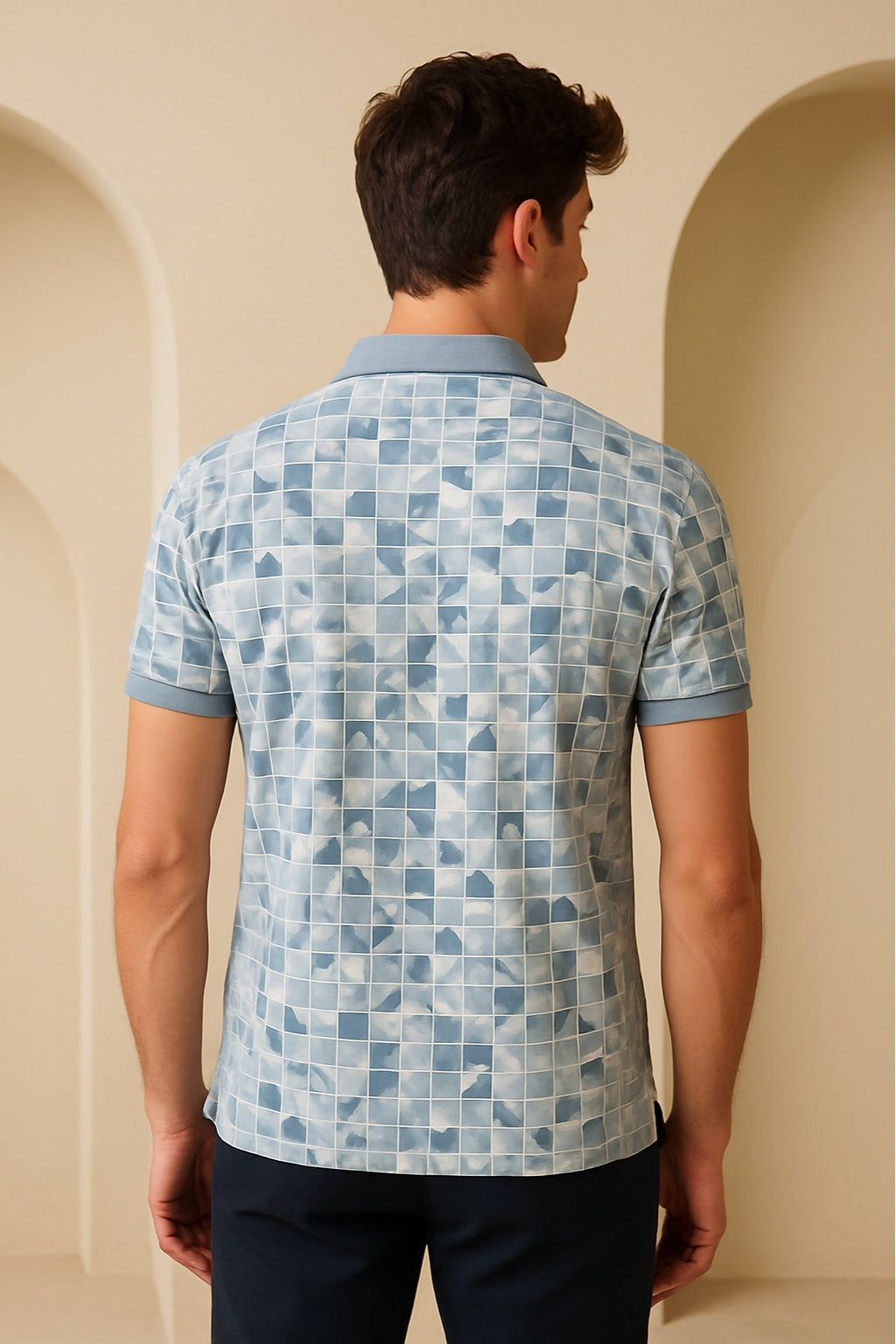 Blue Geometric Print Polo Shirt
