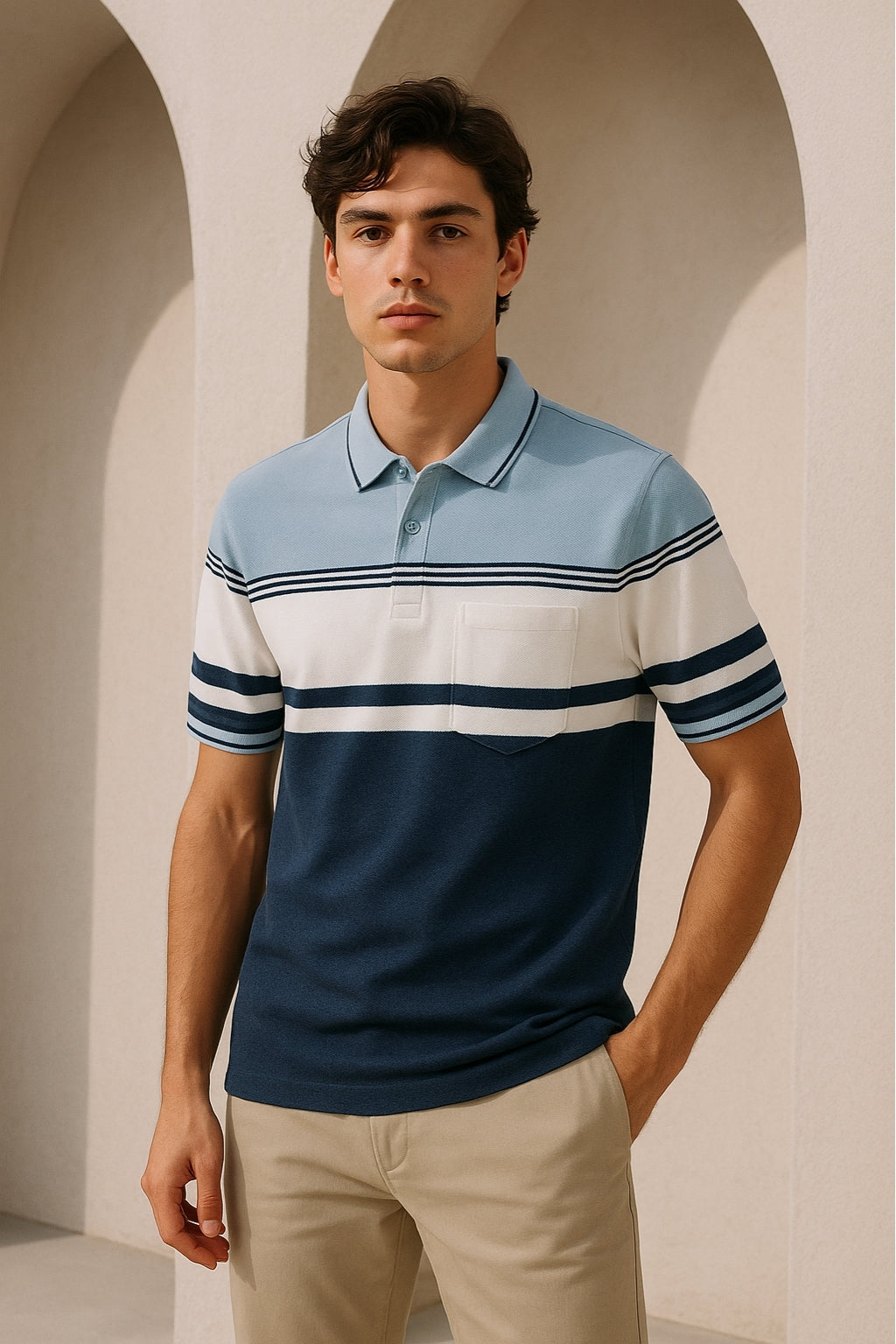 Colorblock Striped Polo Shirt with Pocket