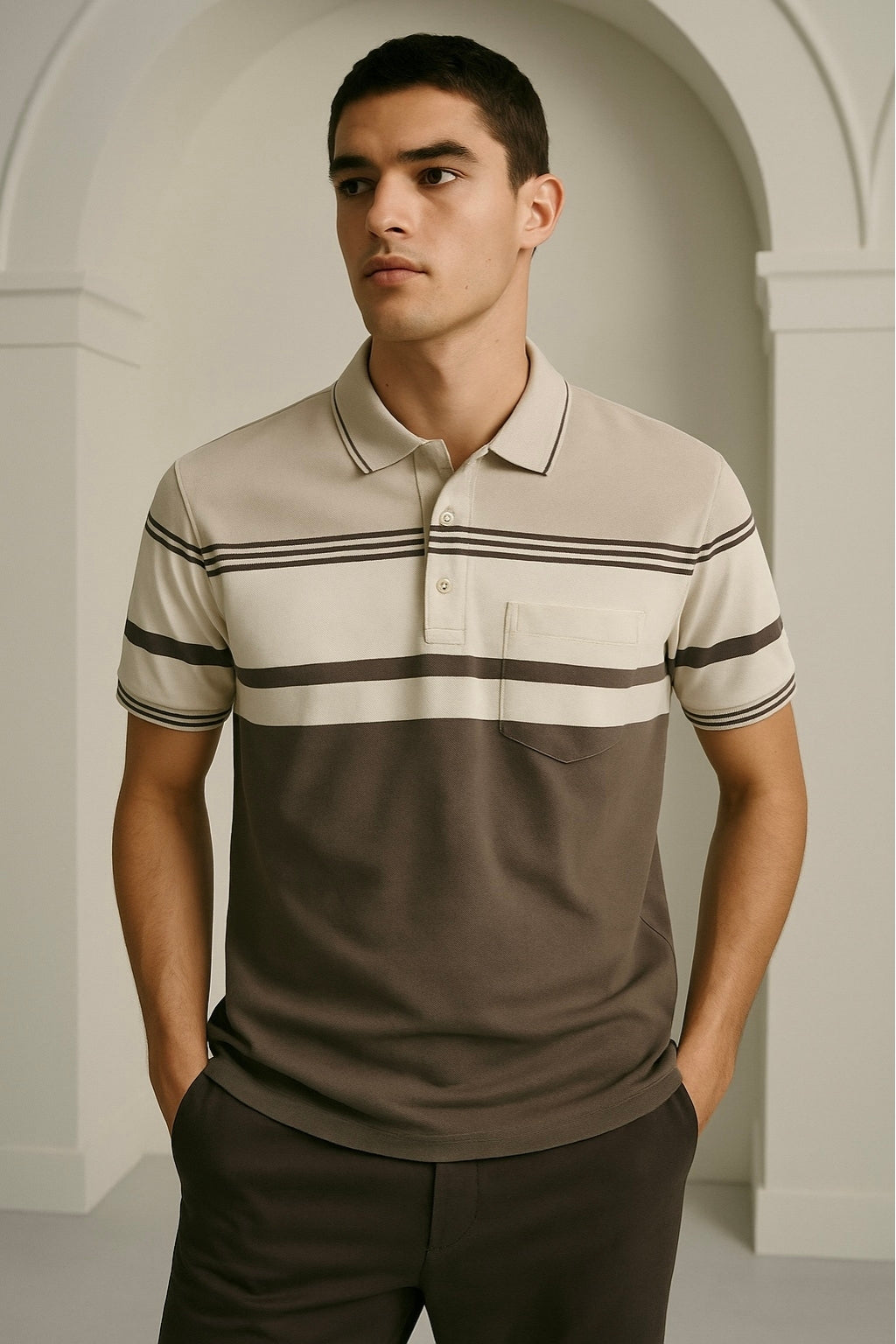 Colorblock Striped Polo Shirt with Pocket