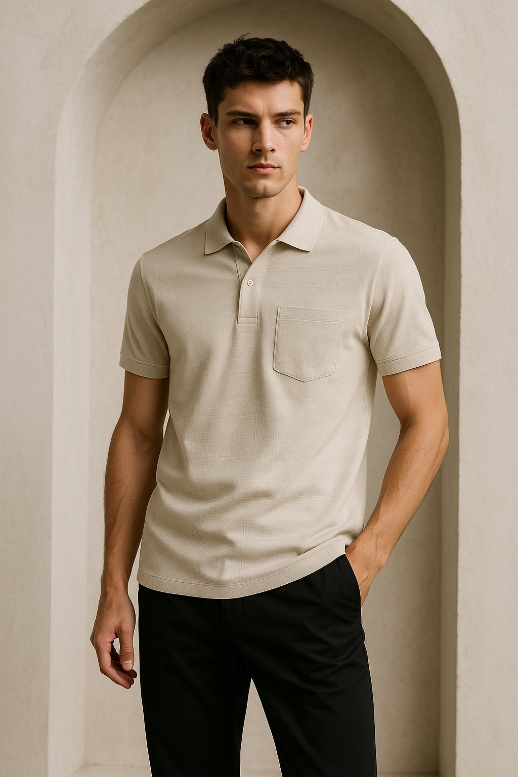 Beige Textured Polo Shirt with Pocket