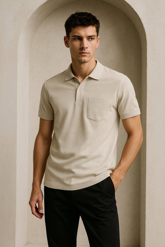 Beige Textured Polo Shirt with Pocket