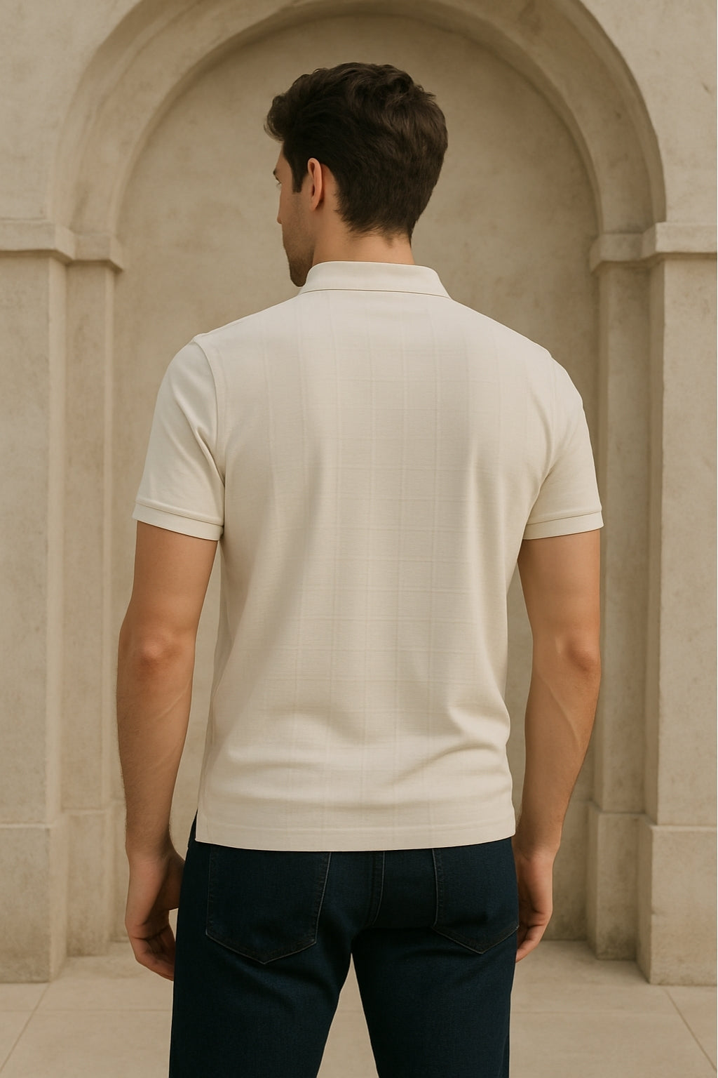 Beige Textured Polo Shirt with Pocket