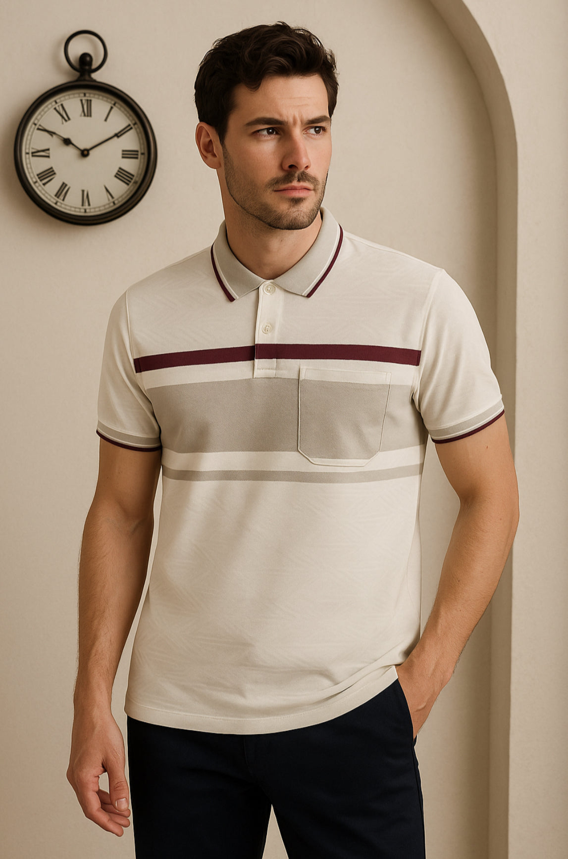 Men’s Cream Polo T-Shirt with Chest Pocket and Dual Stripe Detail