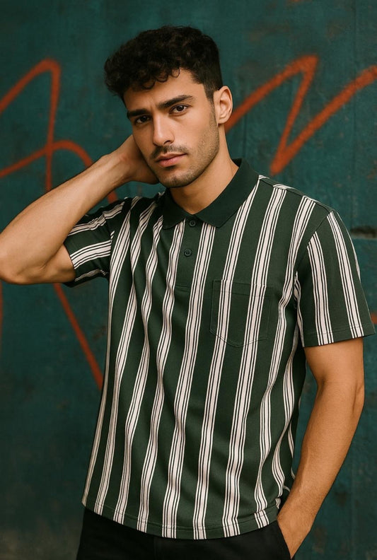 Men’s Green & White Vertical Stripe Polo