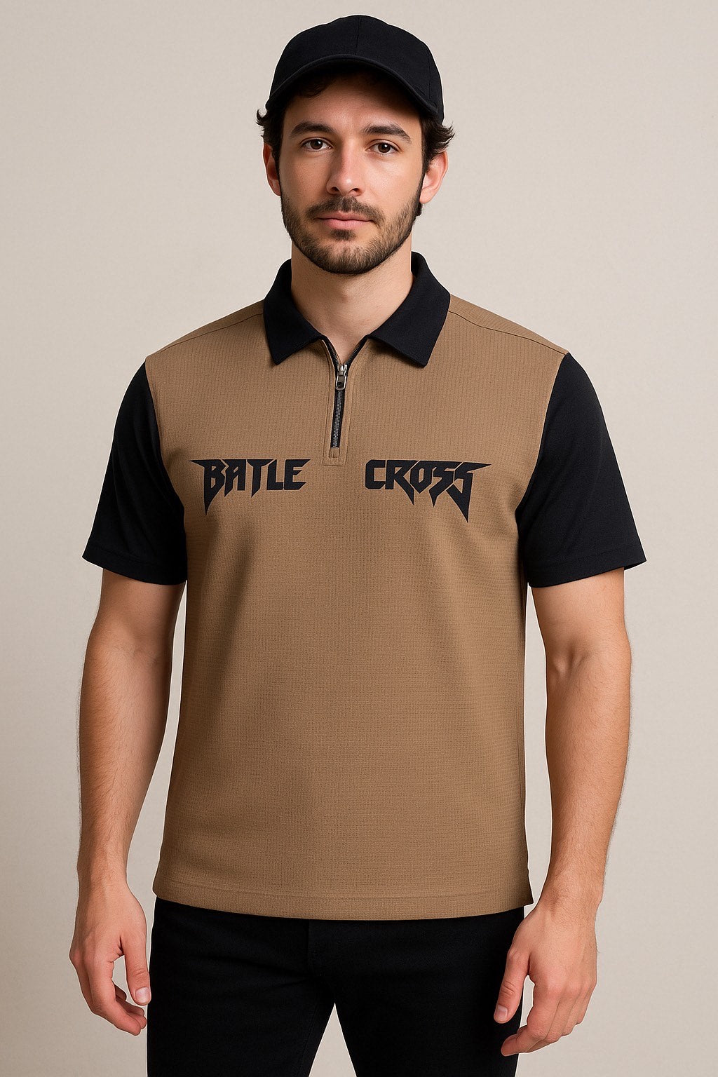 Men’s Grey & Black Battle Crest Polo T-Shirt with Zip Placket