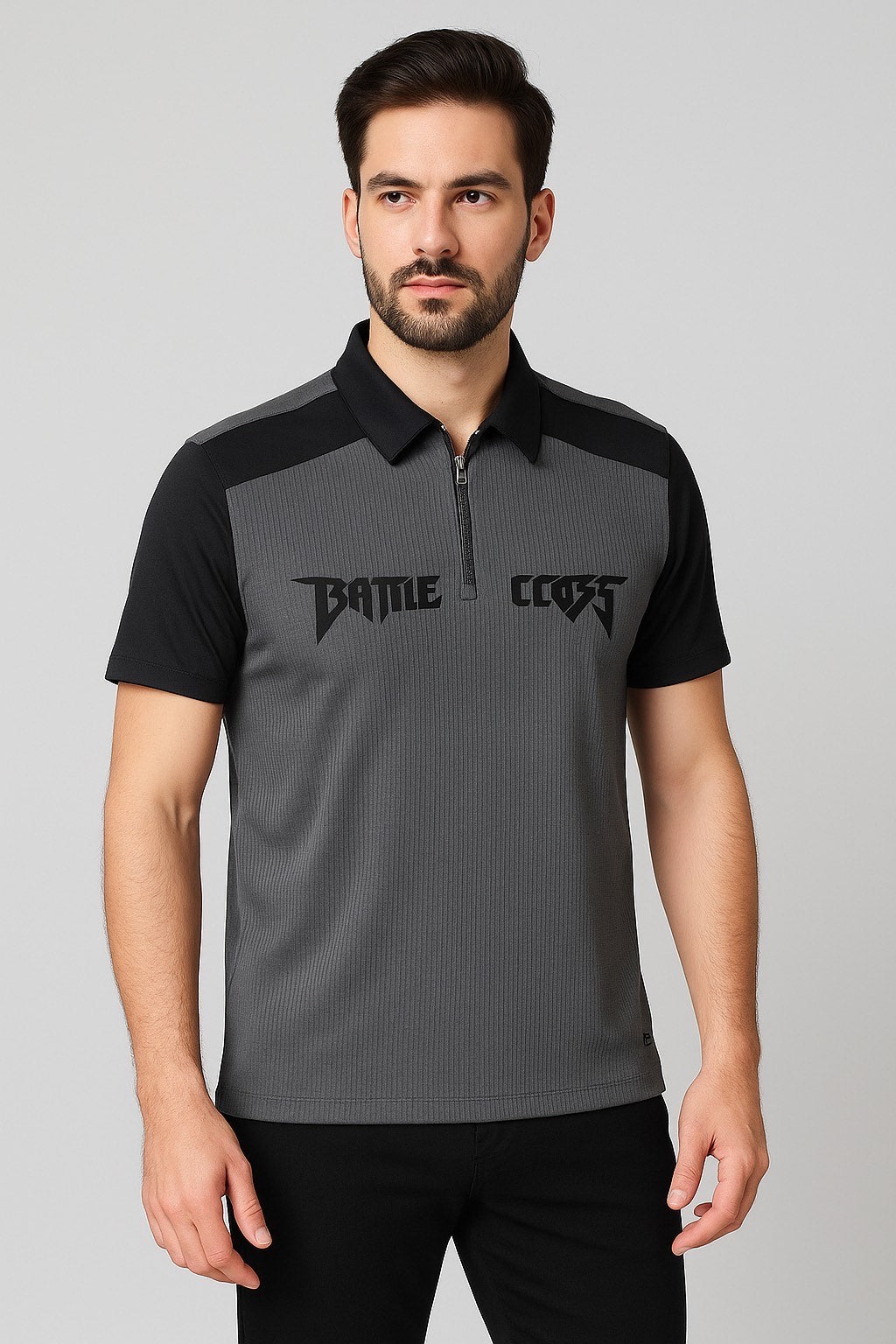 Men’s Grey & Black Battle Crest Polo T-Shirt with Zip Placket