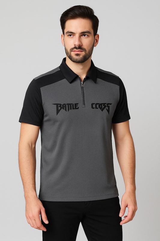 Men’s Grey & Black Battle Crest Polo T-Shirt with Zip Placket