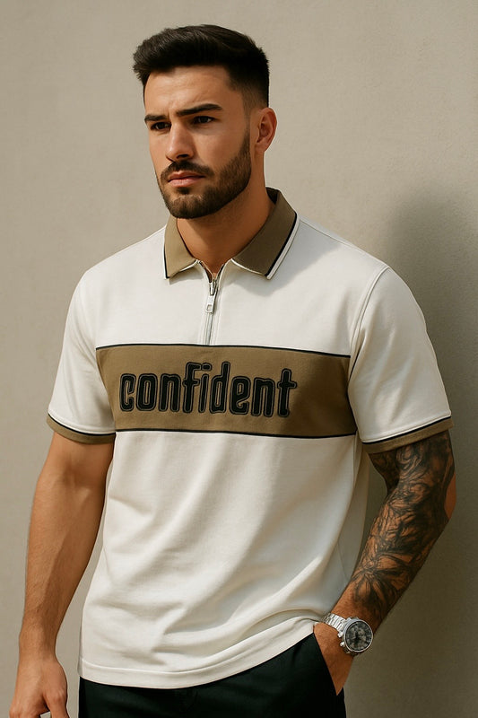 Men’s Olive Green Polo T-Shirt with Zip Collar & “Confident” Chest Print