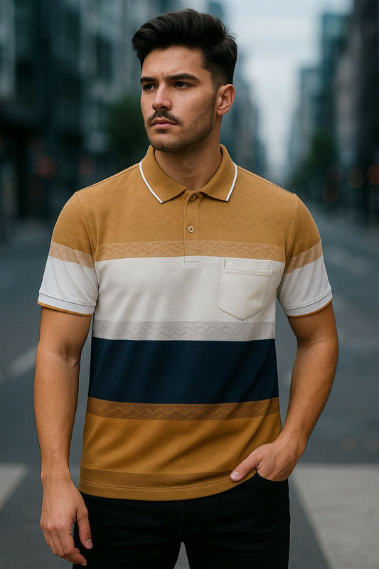 Mustard Navy Horizon Striped Polo Tee